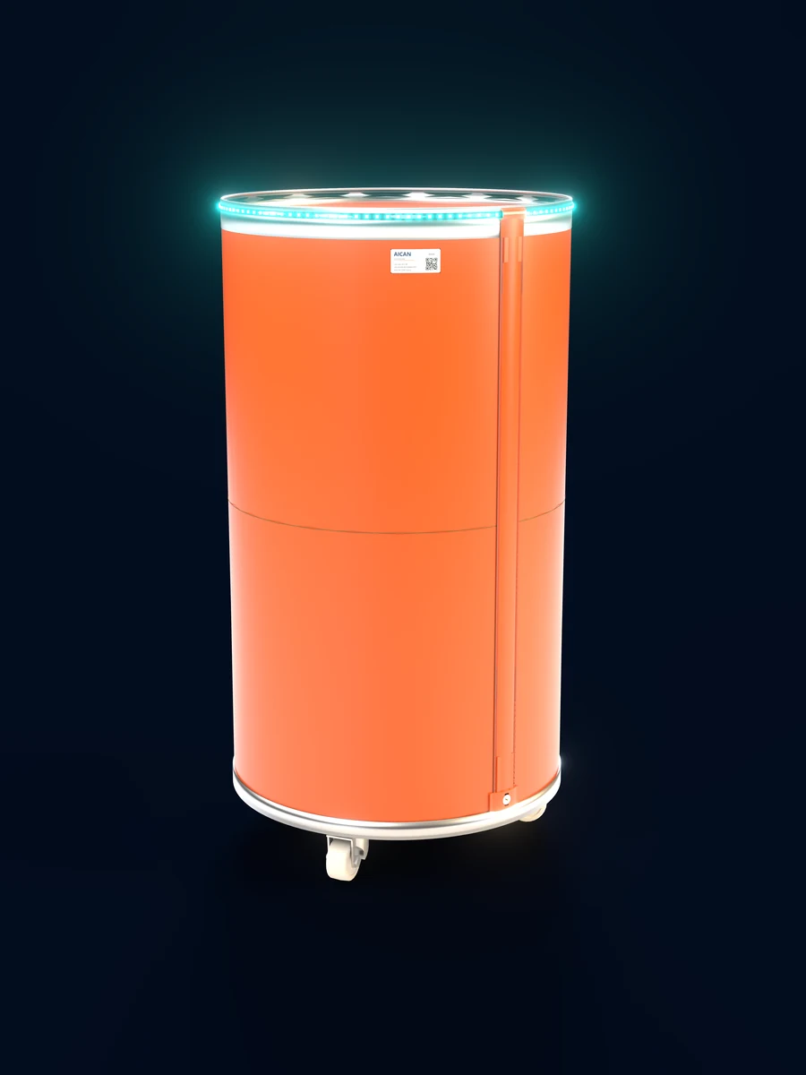 An AICAN sliver can: an orange can body on a wheeled base, its light band lit aqua around the rim, carrying an AICAN identity label.