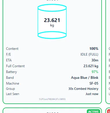 A can card showing 23.621 kg, 100% content, idle full, battery, band colour, machine and count group.