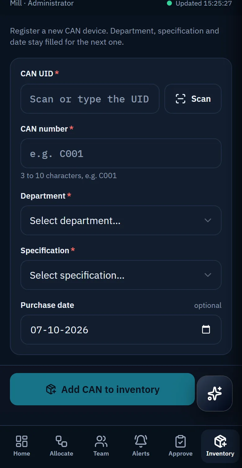 The CAN inventory form on the phone: UID with a Scan button, can number, department, specification, purchase date.