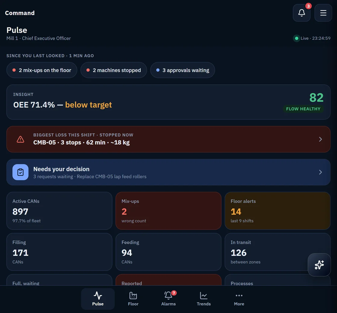 The Pulse screen: changes since last look, OEE insight, the biggest loss this shift, decisions waiting, and floor tiles.